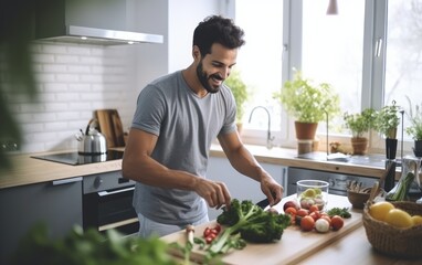 Fototapeta na wymiar A handsome smiling man preparing dinner in his kitchen