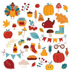 Colorful, bright vector handmade set of items and symbols on the autumn Thanksgiving theme. All objects are separated. Vector illustration