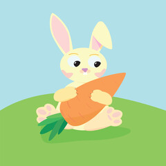 A hare with a carrot in its paws on a green meadow