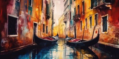 Watercolor drawing of the gondolas in the canals of Venice. Generative AI. - obrazy, fototapety, plakaty