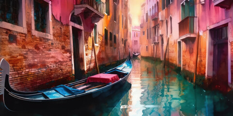 Watercolor drawing of the gondolas in the canals of Venice. Generative AI. - obrazy, fototapety, plakaty