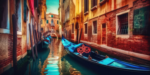 Fototapeta na wymiar Watercolor drawing of the gondolas in the canals of Venice. Generative AI.