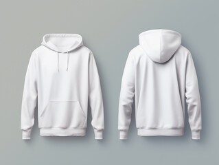 A set of white hooded sweatshirts in front and back views is showcased on a translucent backdrop, ideal for graphic design artwork.