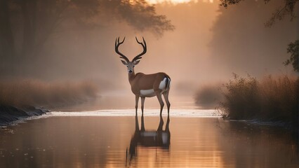 gazelle drinking from a foggy and cloudy river at sunrise

 - obrazy, fototapety, plakaty
