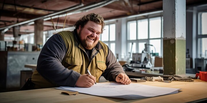 bauplanung, projektleiter, bauplaner, bauingenieur, architekt, teamleiter, planung, projektplanung, mann, baustelle, bau, sitzen, tisch, dick, &uuml;bergewichtig, normal, freude, lacht, freudenschrei, erfl