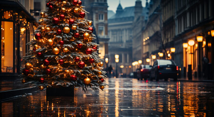 Fototapeta na wymiar A christmas tree is lit up in an evening location. A christmas tree on a city street in the rain