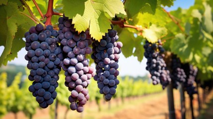 Bunch of blue grapes stretching into the distance in a large vineyard plantation