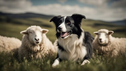 Fototapeta premium happy and smiling border collie sheepdog inside the sheeps blurred in the background 