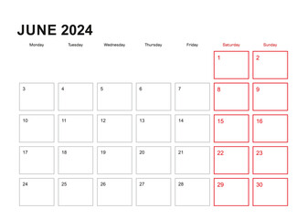 Wall planner for June 2024 in English language, week starts in Monday.