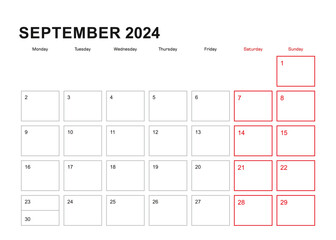 Wall planner for September 2024 in English language, week starts in Monday.