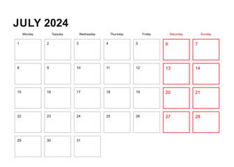Wall planner for July 2024 in English language, week starts in Monday.