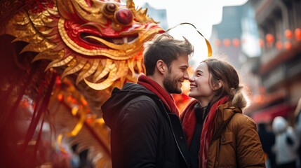 Young European couple traveling to China, to enjoy the Chinese New Year. Generative AI