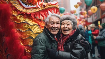Fototapeta premium Asian senior couple enjoying Chinese New Year on the city street. Generative AI