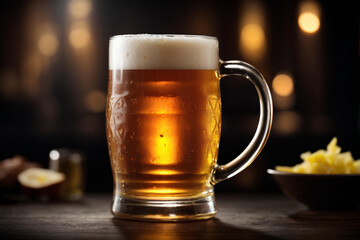 Glass of beer with foam on a bar counter in a pub on dark background. Alcohol drink. Commercial promotional food photo