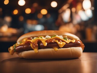  hot dog at fast food restaurant, food court, street restaurant. isolated blurry background - obrazy, fototapety, plakaty