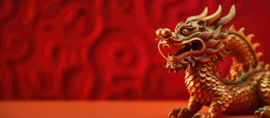Chinese New Year greeting card golden dragon on red background, 2024