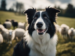 Fototapeta premium happy and smiling border collie sheepdog inside the sheeps blurred in the background 