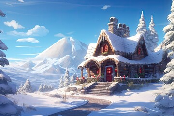 Santa Claus house at North Pole. Holiday of Christmas and New Year. Rustic cozy fairy-tale house.