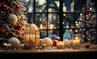 Christmas tree inside the window next to candles. A table topped with candles and a christmas tree