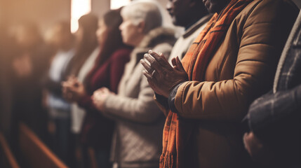 A family attending church together, holding hands in prayer, African American family, blurred background, with copy space - obrazy, fototapety, plakaty