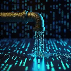 data breach or leak concept data flowing from a faucet. software code leaking. 