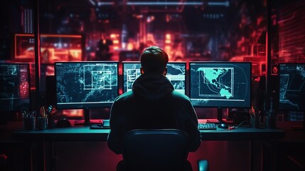 Developer or hacker sitting near powerful computer with a lot of screens. Cyber security concept
