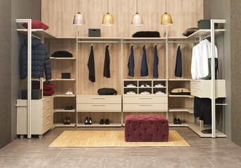 Large wardrobe with men's and women's clothes for dressing room, special design for home hotel