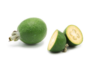 Fresh ripe feijoa whole and half isolated on white background.