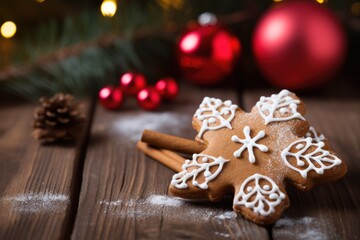 Fototapeta na wymiar Christmas gingerbread cookie on festive wood background
