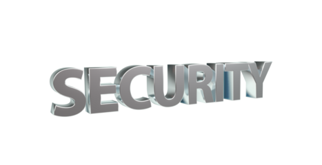 Security Sicherheit silberne plakative 3D-Schrift, Vertrauen, Schutz, Vorsorge, Gefahrenabwehr, Risikomanagement, Prävention, Sicherheitsmaßnahmen, Datenschutz,  Cybersecurity, Rendering, Freisteller

