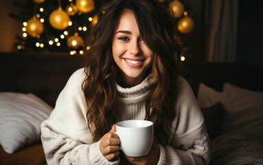 A pretty happy girl sitting on the sofa at home holding a cup of cappuccino in her hands, enjoying and dreaming