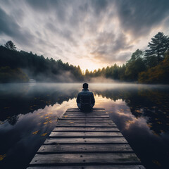 Man or boy sitting in lotus pose on a jetty pier looking at a lake, calm and contemplating meditation - obrazy, fototapety, plakaty