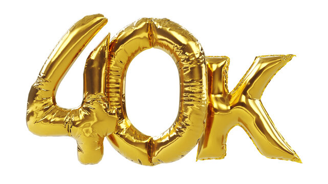 3D render of Golden forty thousand or 40k number balloons isolated on white background. 40k followers celebration.