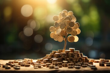 A tree with coins instead of leaves grows on a hillock of gold coins - obrazy, fototapety, plakaty