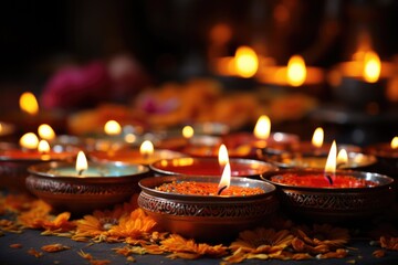 Deepavali Diwali, Hindu Festival of lights celebration. Diya oil lamp lit on traditional Puja thali