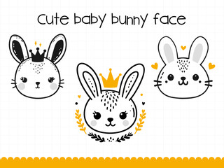 Cute bunny face in simple doodle style set. Vector illustration.