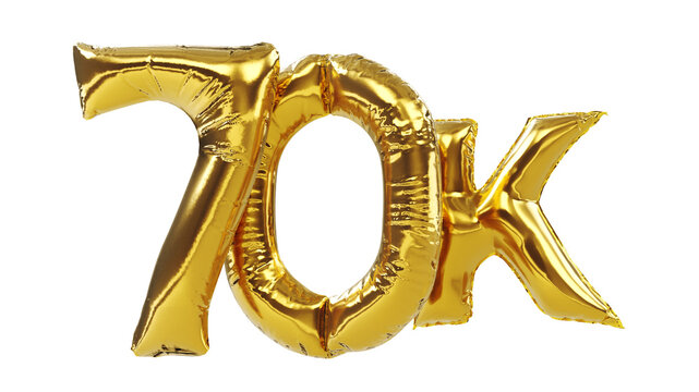 3D render of Golden seventy thousand or 70k number balloons isolated on white background. 80k followers celebration.