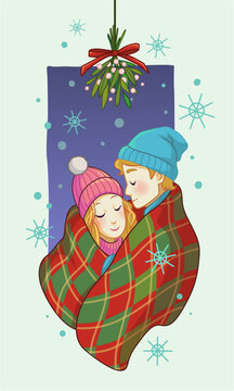 Happy Romantic Young Christmas Couple Hugging Under The Mistletoe