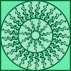 Vector abstract geometric pattern in the form of dots and wavy lines arranged in a circle on a green background