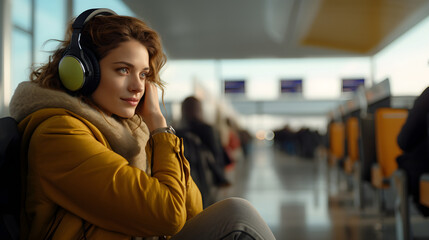 Travel vacation concept, young beautiful woman with sad face wear headphone sit at waiting area in...