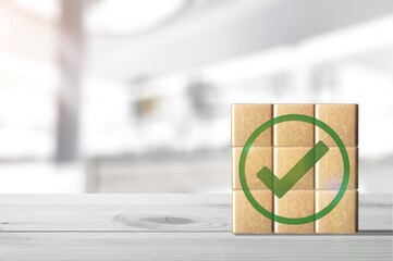 Corporate regulatory concept. Quality symbol on cubes