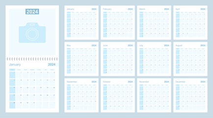 2024 wall planner in blue color, week starts on Sunday.