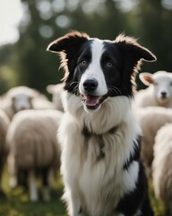 happy and smiling border collie sheepdog inside the sheeps blurred in the background
