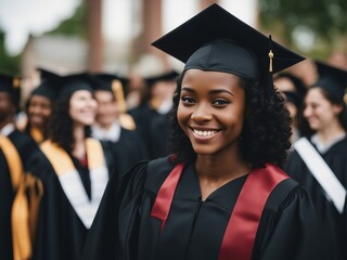 Portrait of a black American girl with a beautiful and sincere smile at a university graduation cere
 - obrazy, fototapety, plakaty