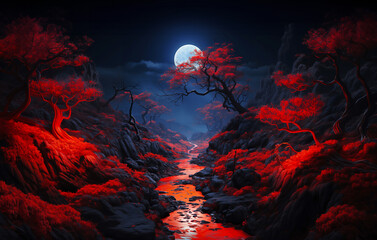 Chinese dark Style Fantasy landscape, Full moon over a Red forest  - obrazy, fototapety, plakaty