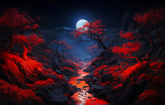 Chinese dark Style Fantasy landscape, Full moon over a Red forest 