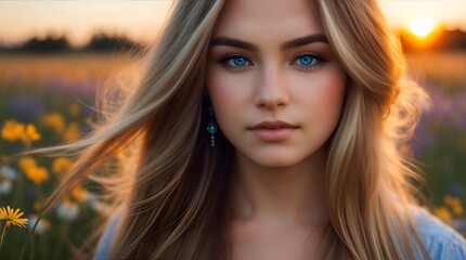 A stunningly beautiful girl with long, flowing hair and piercing blue eyes, standing in a field of wildflowers with the sun setting behind her.