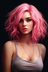Naklejka premium Portrait of a beautiful young woman with pink hair on a black background
