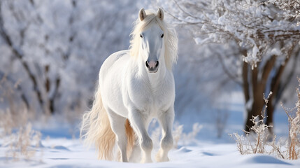Obraz na płótnie Canvas Beautiful white stallion in winter landscape. Portrait of a horse. Beautiful white horse with long mane walking in winter snowy field. 