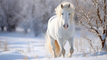 Obraz na płótnie Canvas Beautiful white stallion in winter landscape. Portrait of a horse. Beautiful white horse with long mane walking in winter snowy field. 